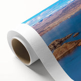 Art Deco-style poster of Lake Mead with cool blue and teal tones on rolled canvas, ideal for nursery wall art.