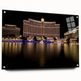 Acrylic print of a Las Vegas skyline in vibrant twilight hues, suitable for dining room decor.