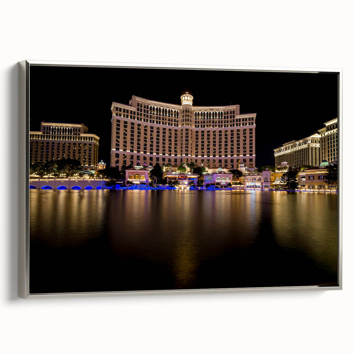 Landscape art painting of Las Vegas with colorful neon lights on black framed canvas, ideal for modern living room decor.