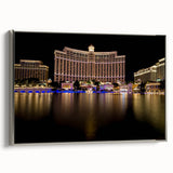 Landscape art painting of Las Vegas with colorful neon lights on black framed canvas, ideal for modern living room decor.