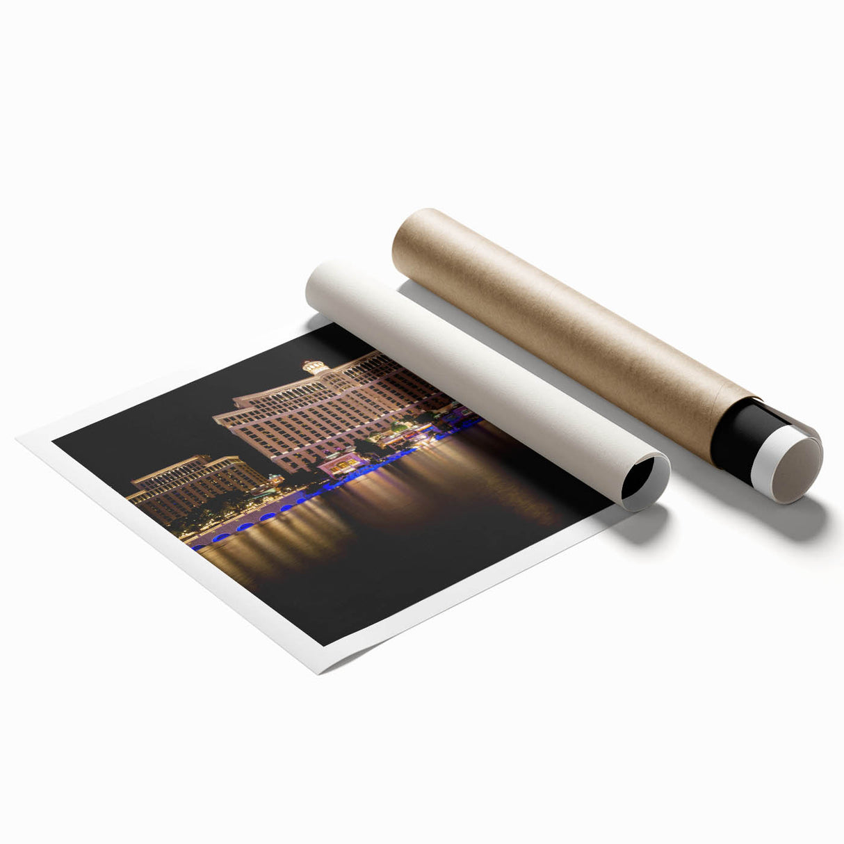 Extra large rolled print of Las Vegas scenery with vibrant nighttime colors, ideal for classy bathroom wall art.