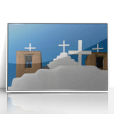 Art deco poster featuring New Mexico scenery in muted earth tones on a white-framed acrylic.
