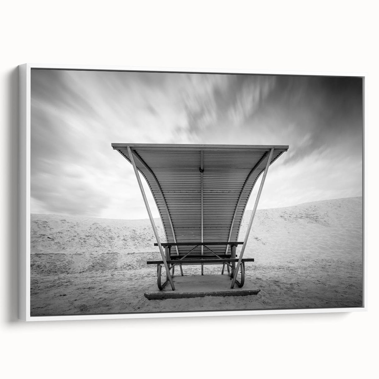 Vintage poster art of White Sands, New Mexico, featuring a muted color palette on a framed canvas.