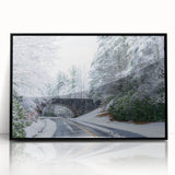 Large abstract wall art depicting the Blue Ridge Mountains in muted blue tones, framed in black acrylic.