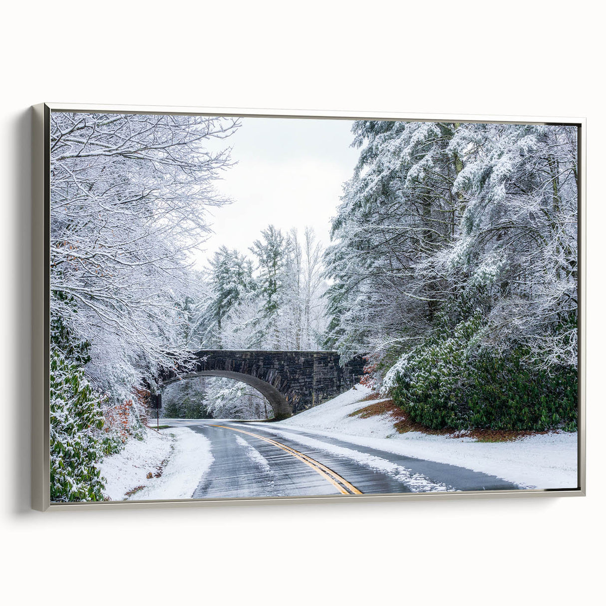 Framed canvas of a Blue Ridge landscape painting in muted earth tones, ideal for adding a vintage touch to any room.