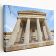 A canvas print of the Raleigh, North Carolina skyline in muted blue and gray tones, suitable for kitchen wall art.