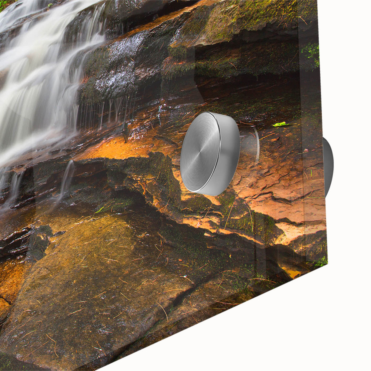 Mid-century modernist acrylic glass art of Adirondacks scenery in muted earth tones, ideal for dining room art.