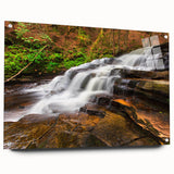 Large abstract depiction of the Adirondacks in muted earth tones on acrylic glass, suitable for bedroom or dining room decor.