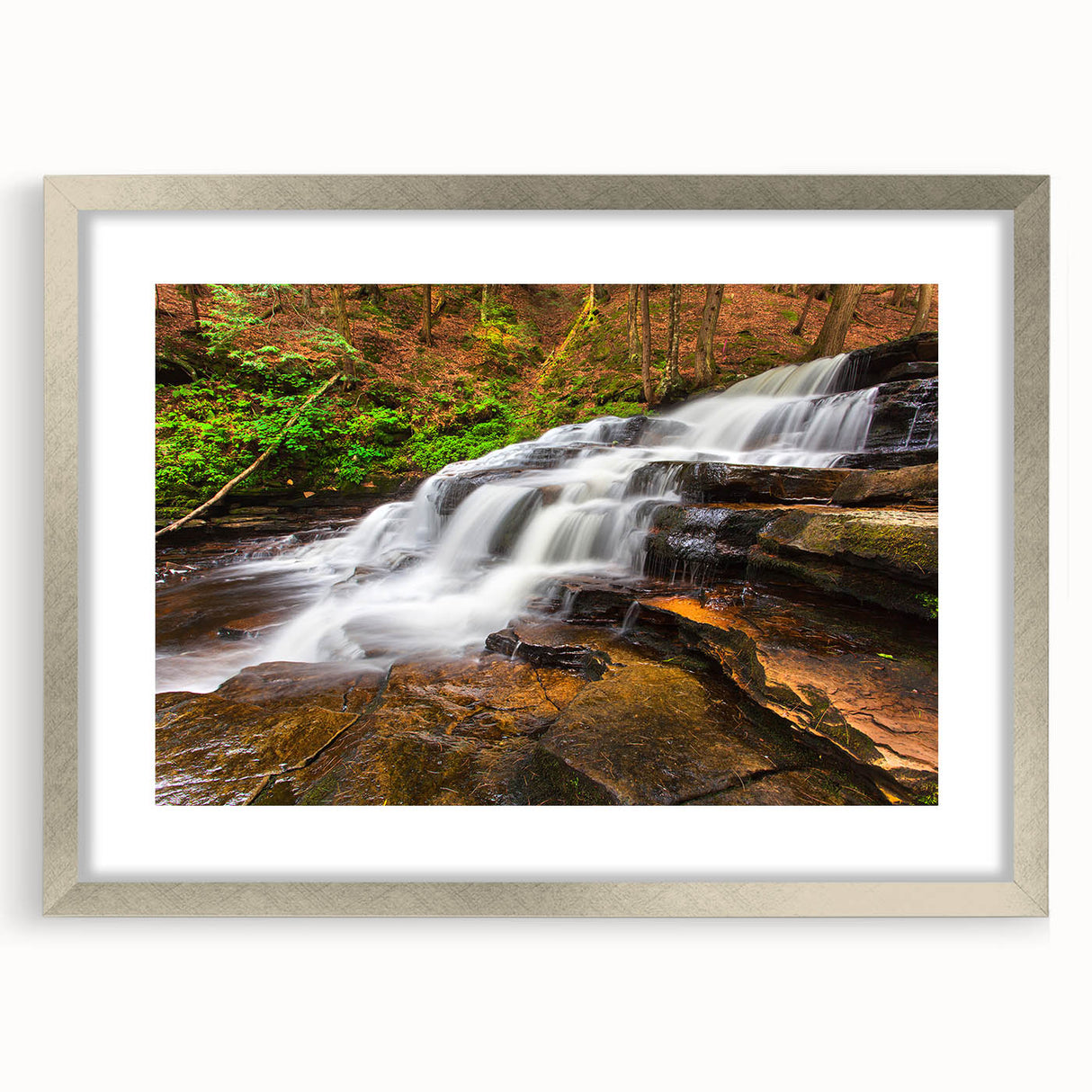 Textured abstract art print of Adirondack landscape in muted earth tones, framed in silver, ideal for bedroom art.