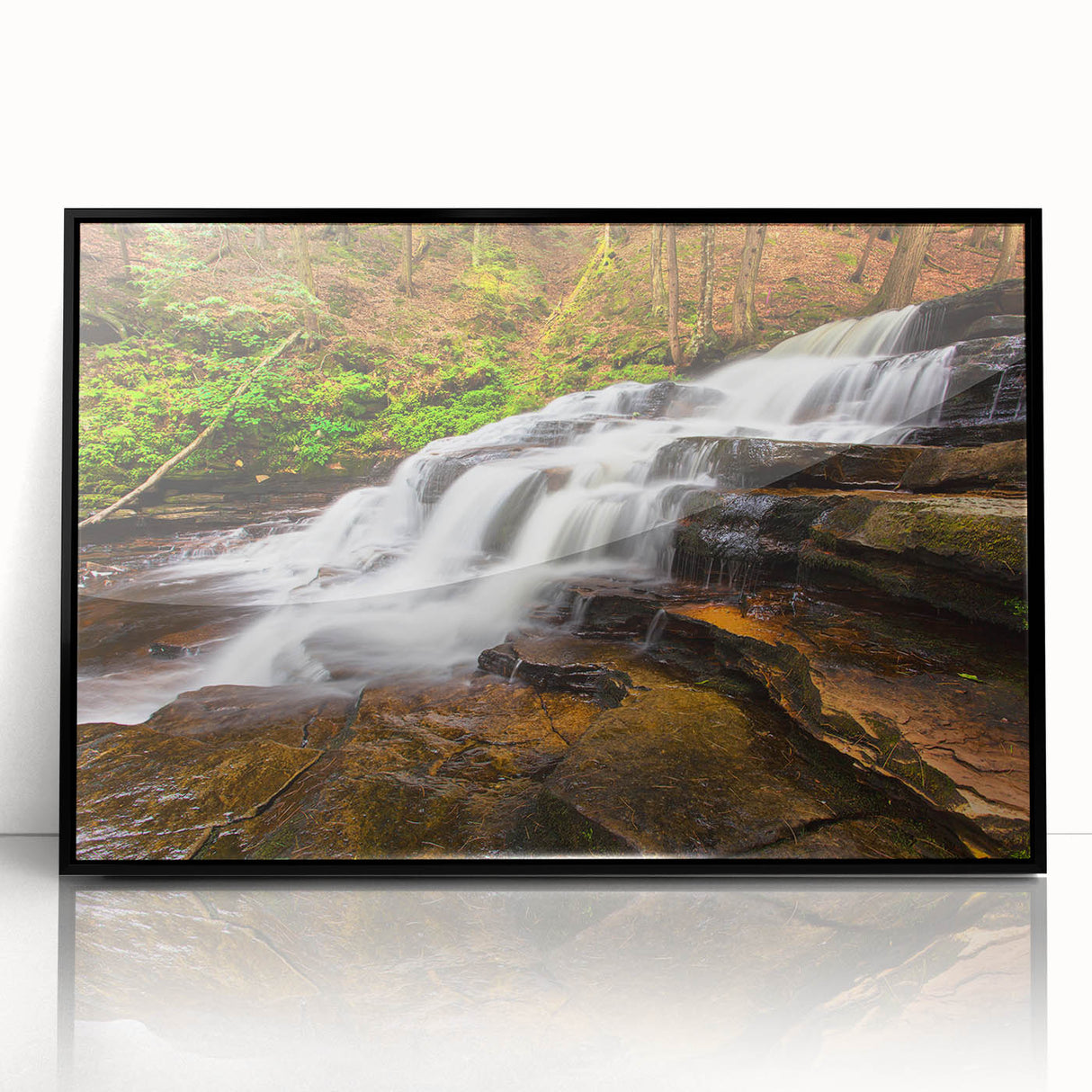 Large abstract wall art depicting Adirondack scenery in muted earth tones on a framed acrylic.