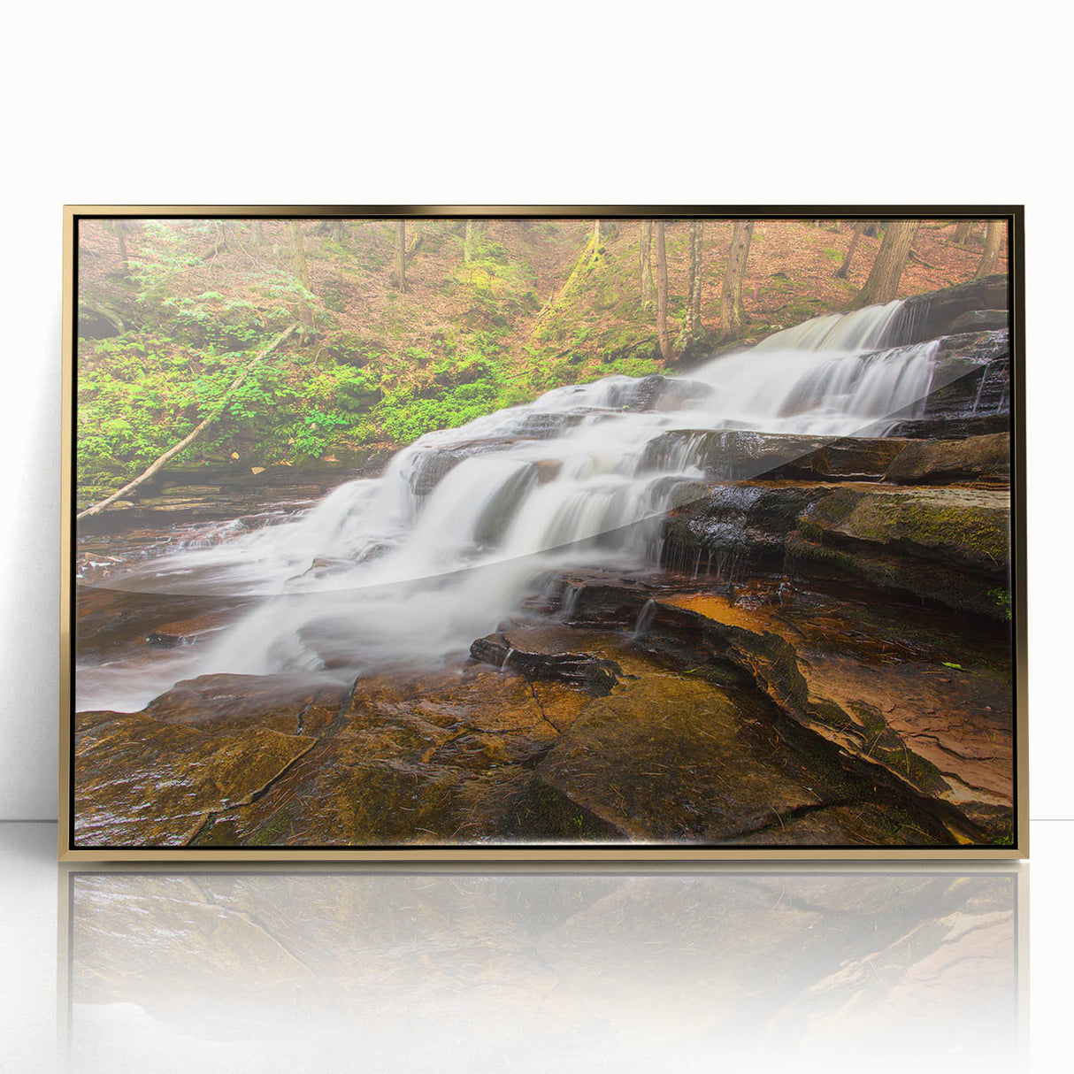 Framed acrylic print of Adirondacks scenery in USA, with serene blue and green tones, suited for nursery wall art.