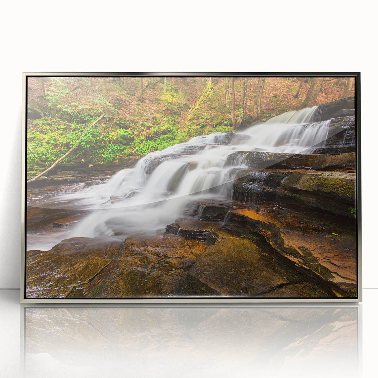 Mid-century modernist art depicting Adirondack scenery in acrylic with silver frame, suited for modern art wall decor.