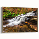 Framed canvas featuring a vintage-style landscape painting of the Adirondacks, with muted earth tones.