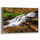 Landscape art painting of Adirondacks with colorful trees and lake on silver-framed canvas, ideal for living room decor.