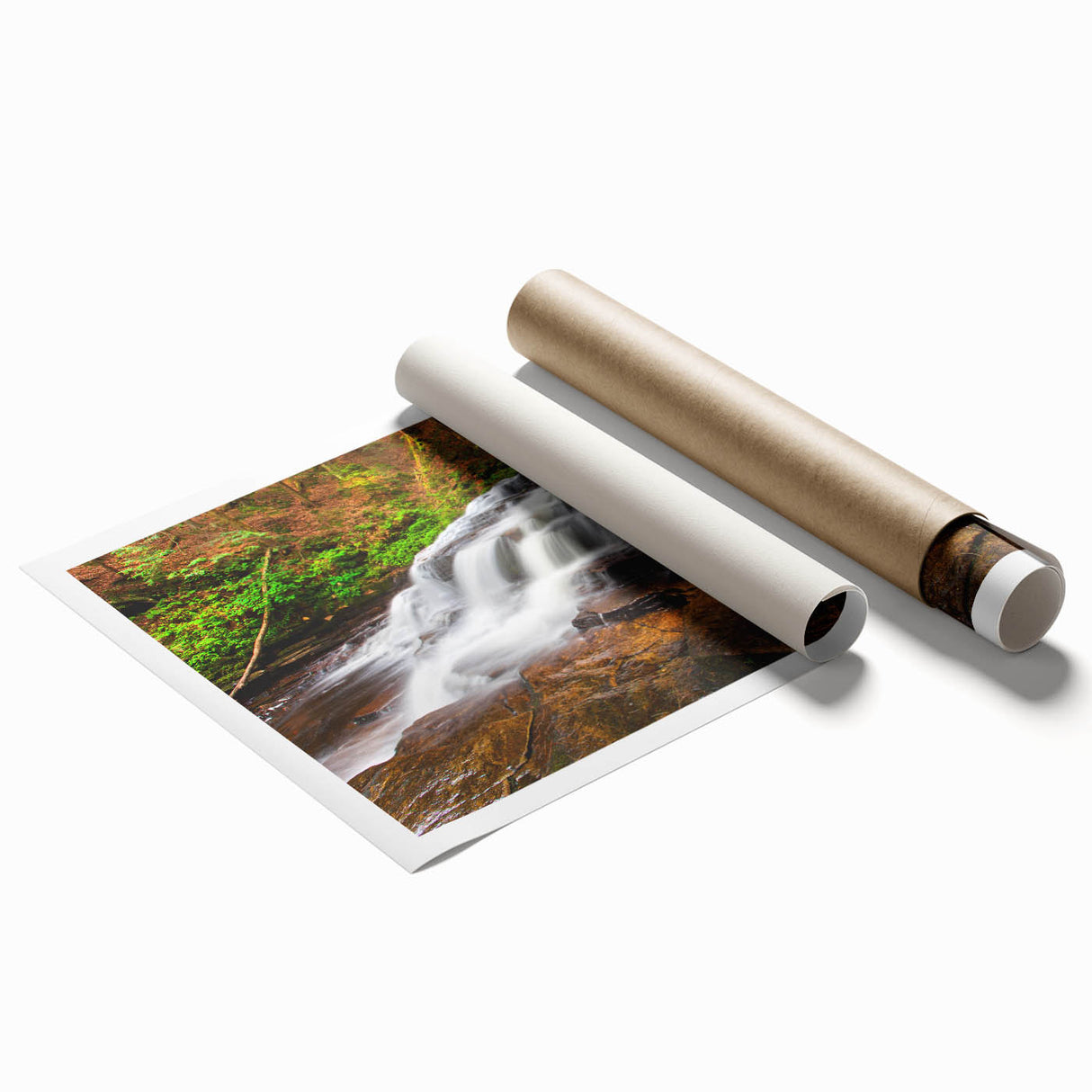 Extra large rolled print of Adirondack scenery in muted green and blue tones, suitable for classy bathroom wall art.