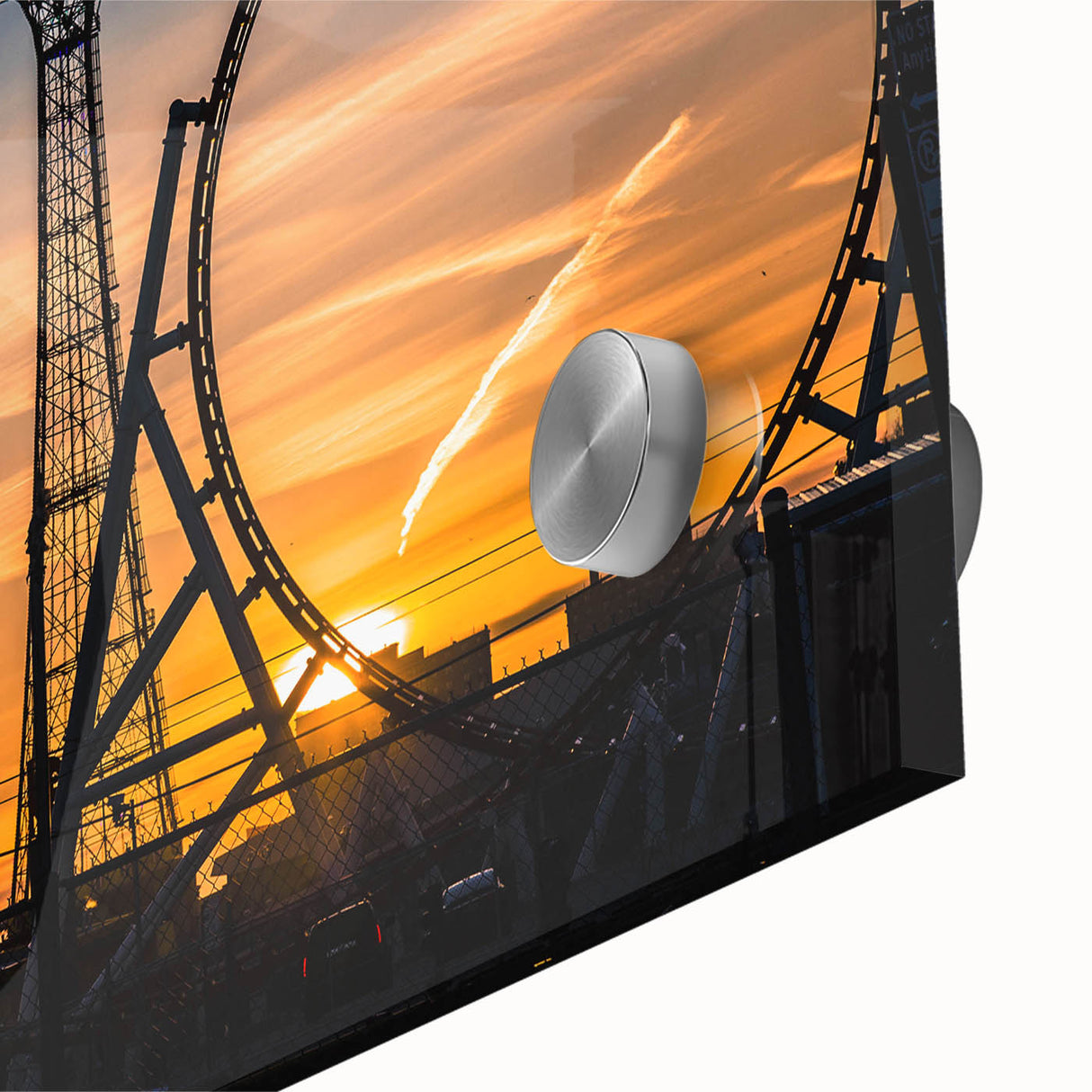 Large abstract wall art of Coney Island in muted colors on acrylic glass, ideal for dining room decor.