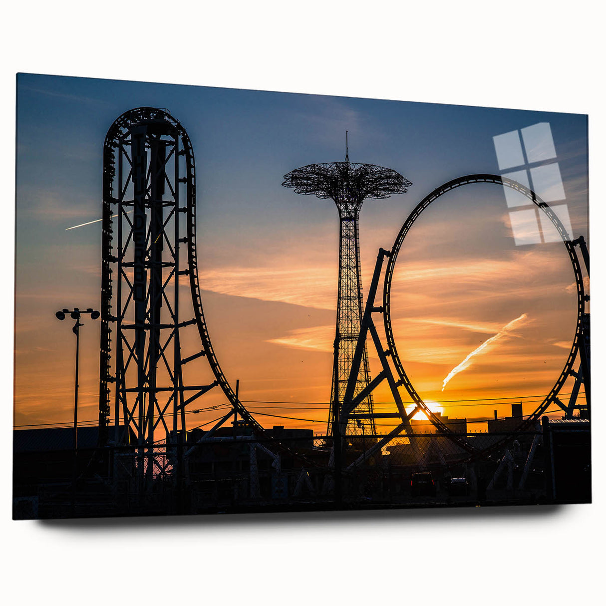 Acrylic print of Coney Island with a large abstract design in vibrant colors, ideal for bedroom or dining room art.