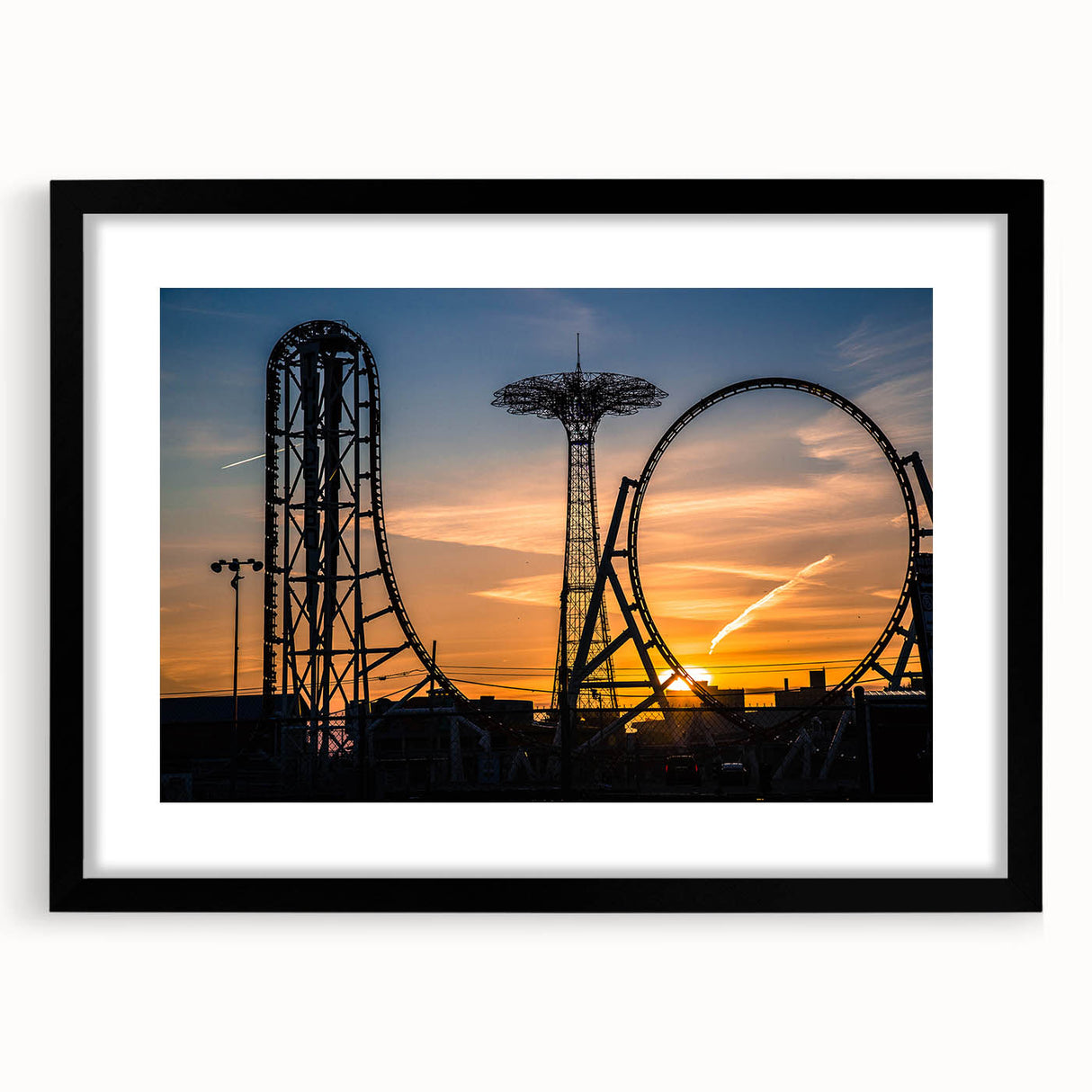 Extra large framed print of an abstract Coney Island scene in vibrant, colorful art style, ideal for living room decor.