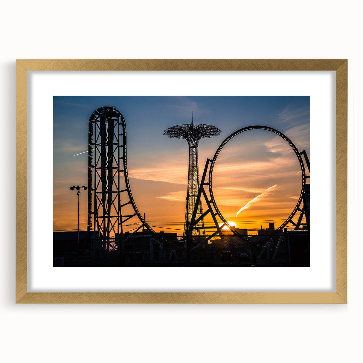 Extra large abstract art print of Coney Island, featuring textured details in muted earth tones, framed in gold.