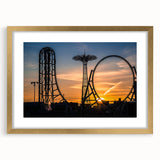 Extra large abstract art print of Coney Island, featuring textured details in muted earth tones, framed in gold.