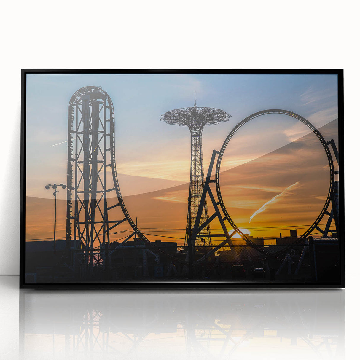 Large abstract wall art of Coney Island in muted gray and blue tones on a framed acrylic print.