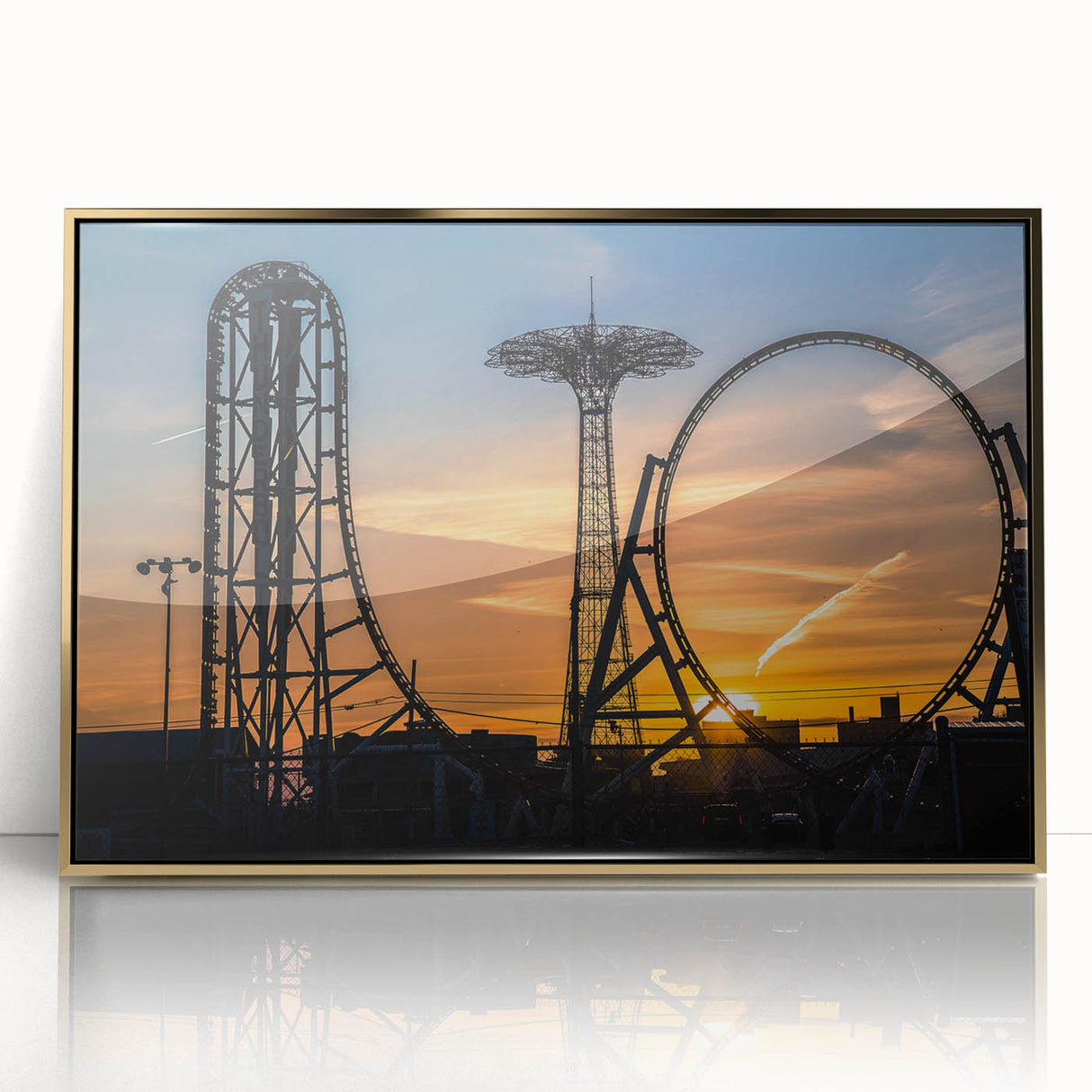 Framed acrylic print of Coney Island with muted blue and beige tones in a mid-century modernist style.