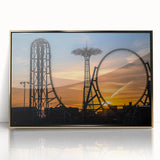 Framed acrylic print of Coney Island with muted blue and beige tones in a mid-century modernist style.