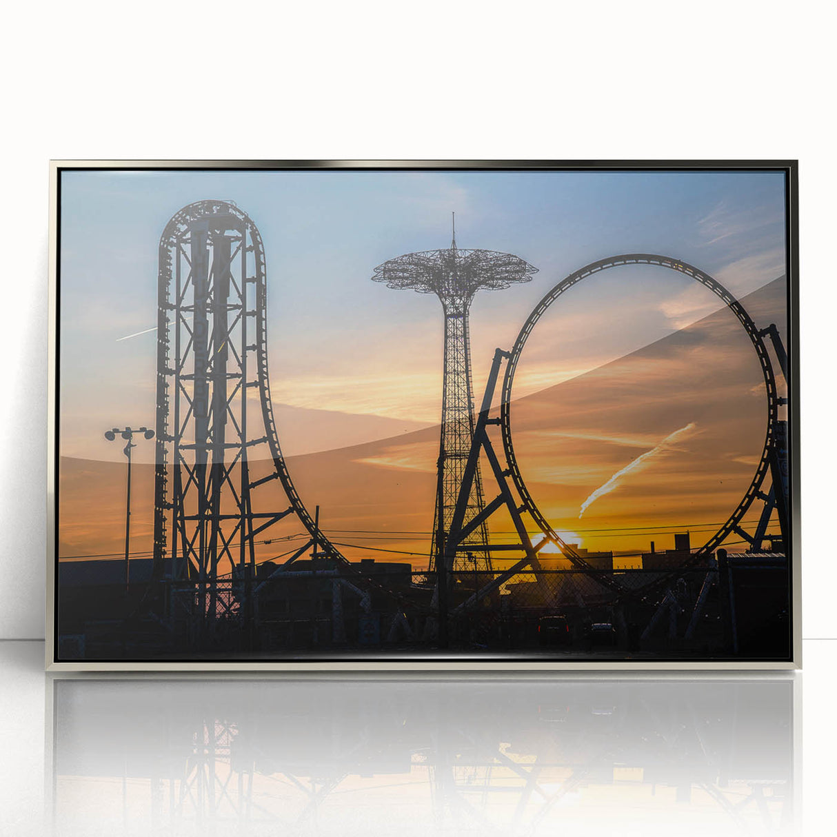 Mid-century modernist art of Coney Island in muted colors on a silver-framed acrylic, suitable for nursery wall art.