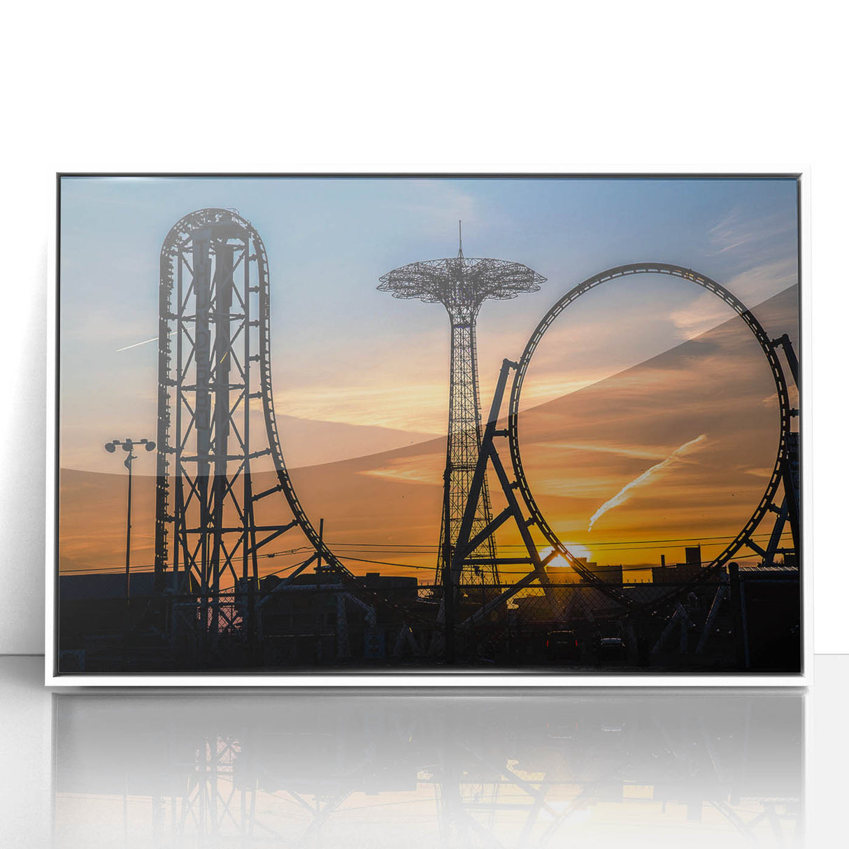 Art Deco poster of Coney Island with muted blue and white tones on a framed acrylic, suitable for modern nursery decor.