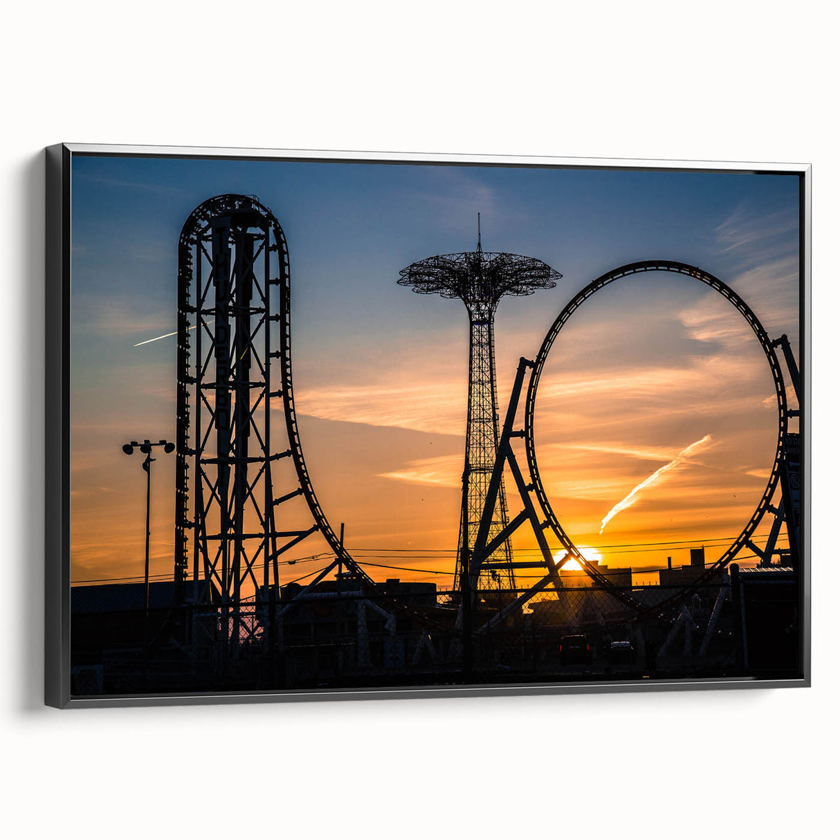 Framed canvas of a black and white vintage poster art depicting Coney Island landscape, ideal for bedroom wall decor.