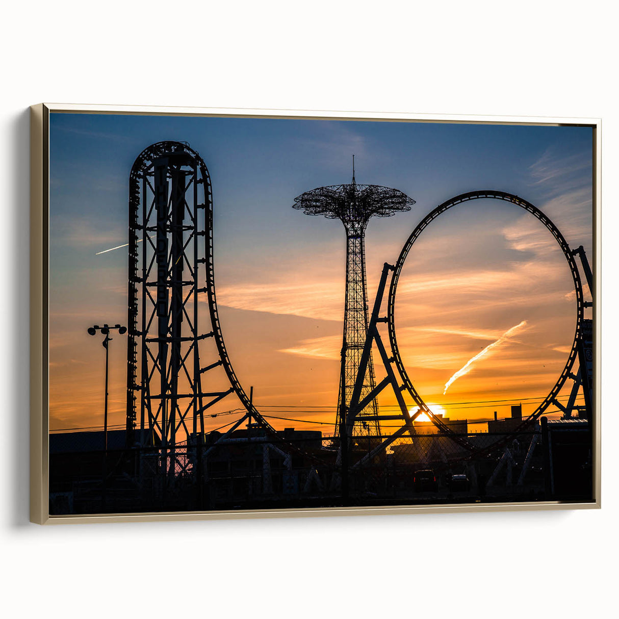 Framed canvas of Coney Island vintage poster art in black and gold tones, ideal for bedroom wall decor.