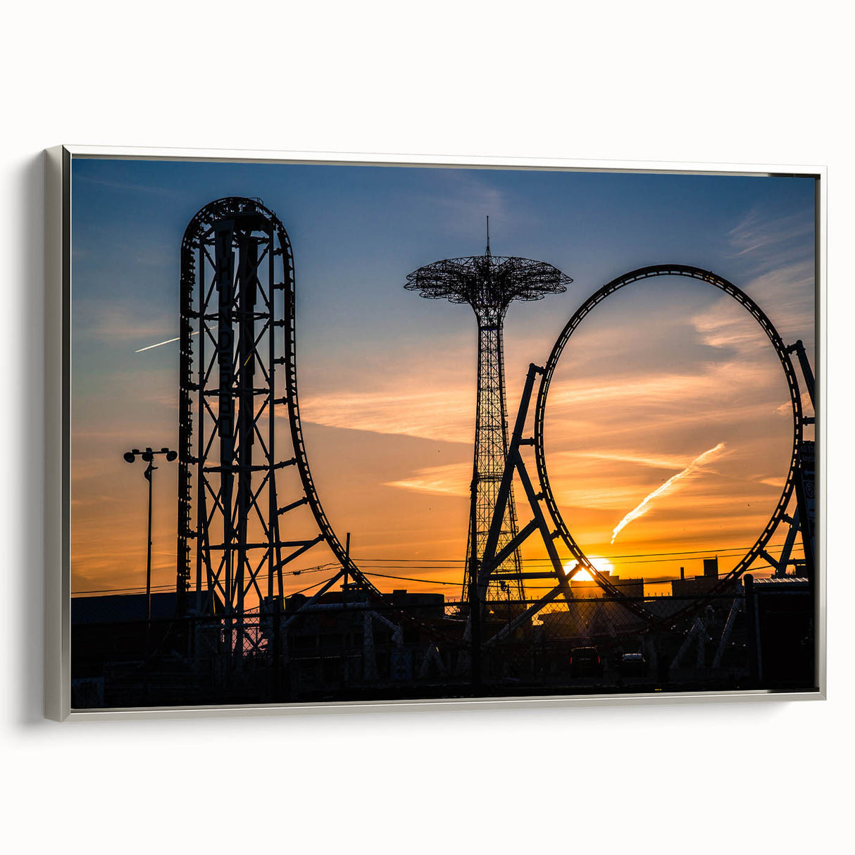Framed canvas of Coney Island landscape art painting in vintage poster style.