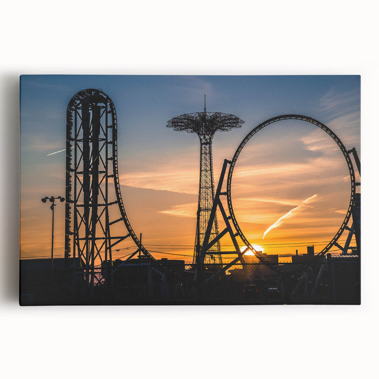 Black and white stretched canvas featuring a detailed scene of Coney Island, ideal for kitchen wall art.