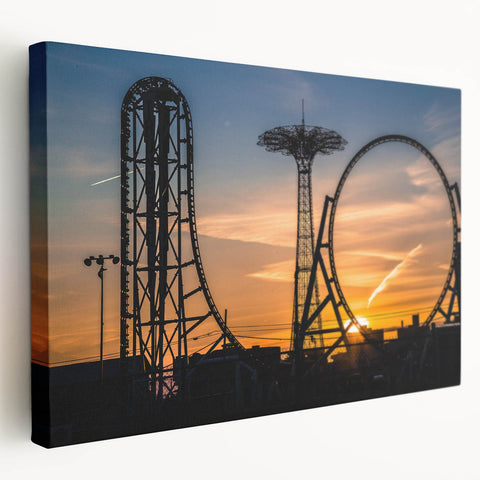 Side view of a stretched canvas featuring a vibrant scene of Coney Island, ideal for kitchen wall art.