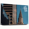 Acrylic print of the Chrysler Building in muted metallic tones, suitable for modern bedroom or dining room decor.