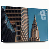 Acrylic print of the Chrysler Building in muted metallic tones, suitable for modern bedroom or dining room decor.