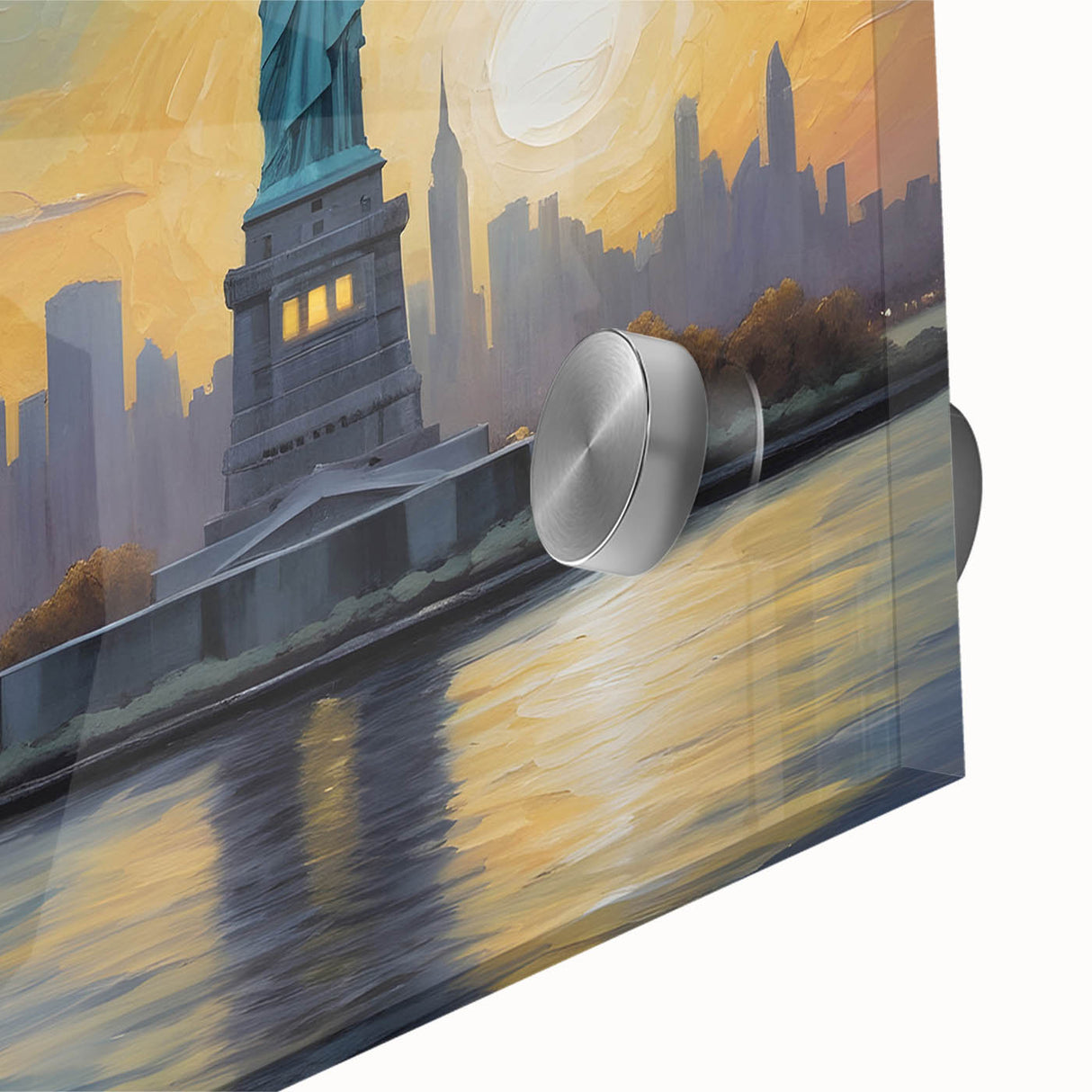 Mid-century modernist large abstract art of Ellis Island, featuring muted gray and blue tones on acrylic glass.