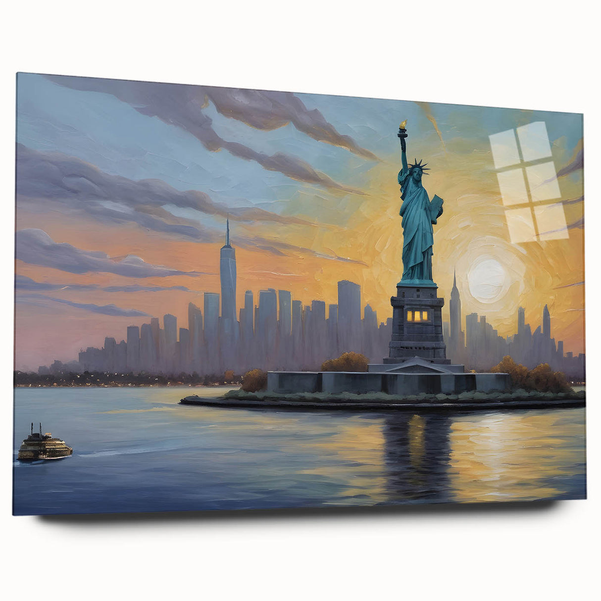 Acrylic print of New York City skyline in muted grayscale tones, ideal for modern bedroom or dining room decor.