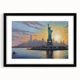 Abstract art print of Ellis Island in muted blue and green hues, framed with a black mat, ideal for dining room decor.