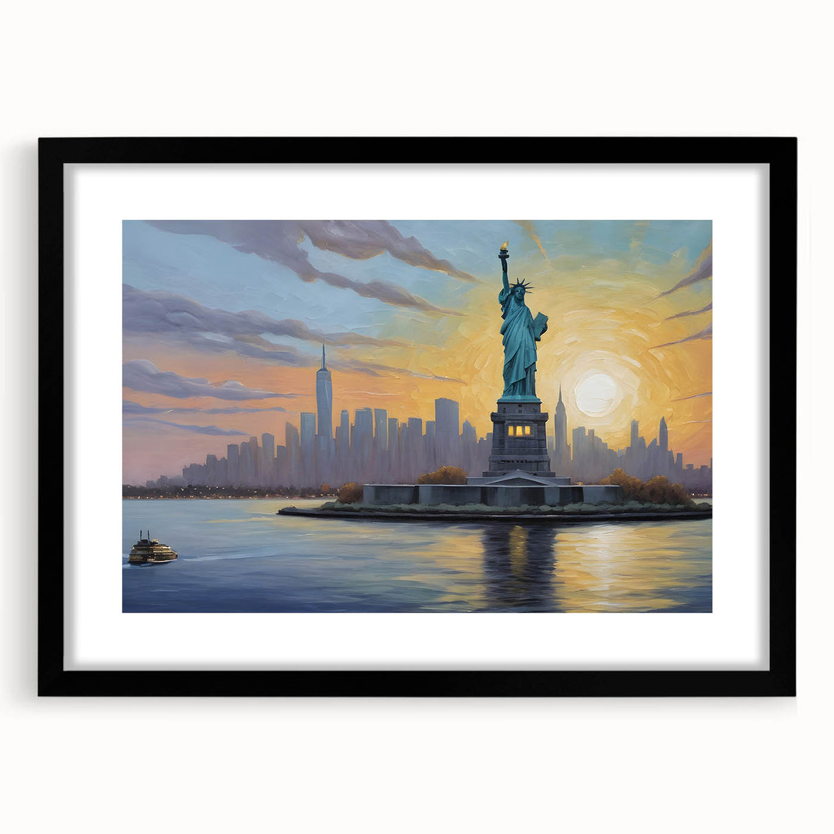 Abstract art print of Ellis Island in muted blue and green hues, framed with a black mat, ideal for dining room decor.