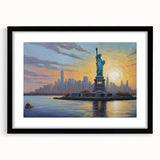 Abstract art print of Ellis Island in muted blue and green hues, framed with a black mat, ideal for dining room decor.
