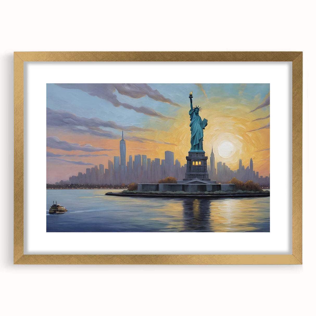Colorful abstract art print of Ellis Island in vibrant hues on a textured, extra large canvas, framed in gold.