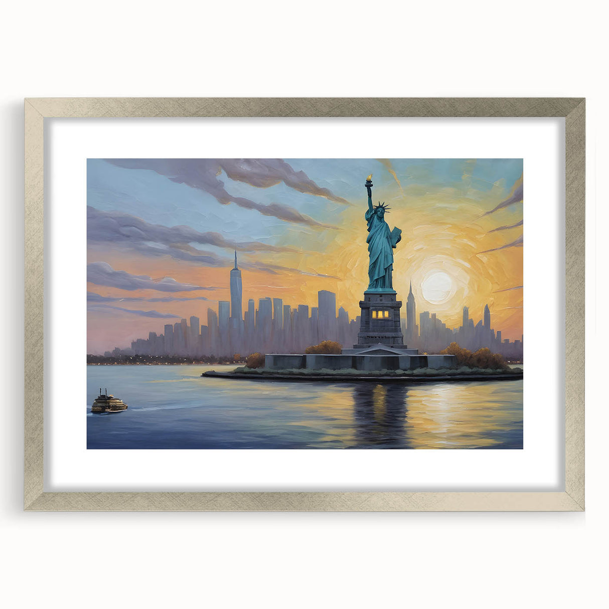 Extra large abstract art print of Ellis Island in textured gray and blue tones, framed in silver.