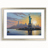 Extra large abstract art print of Ellis Island in textured gray and blue tones, framed in silver.