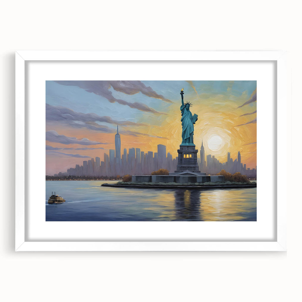 Textured abstract art print of Ellis Island in muted gray and blue tones, framed with a white mat, ideal for bedroom art.