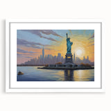 Textured abstract art print of Ellis Island in muted gray and blue tones, framed with a white mat, ideal for bedroom art.