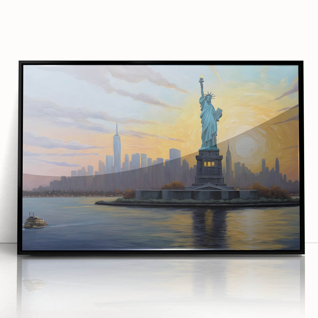 Art deco poster of Ellis Island in muted black and grey tones, framed acrylic, ideal for modern art wall decor.