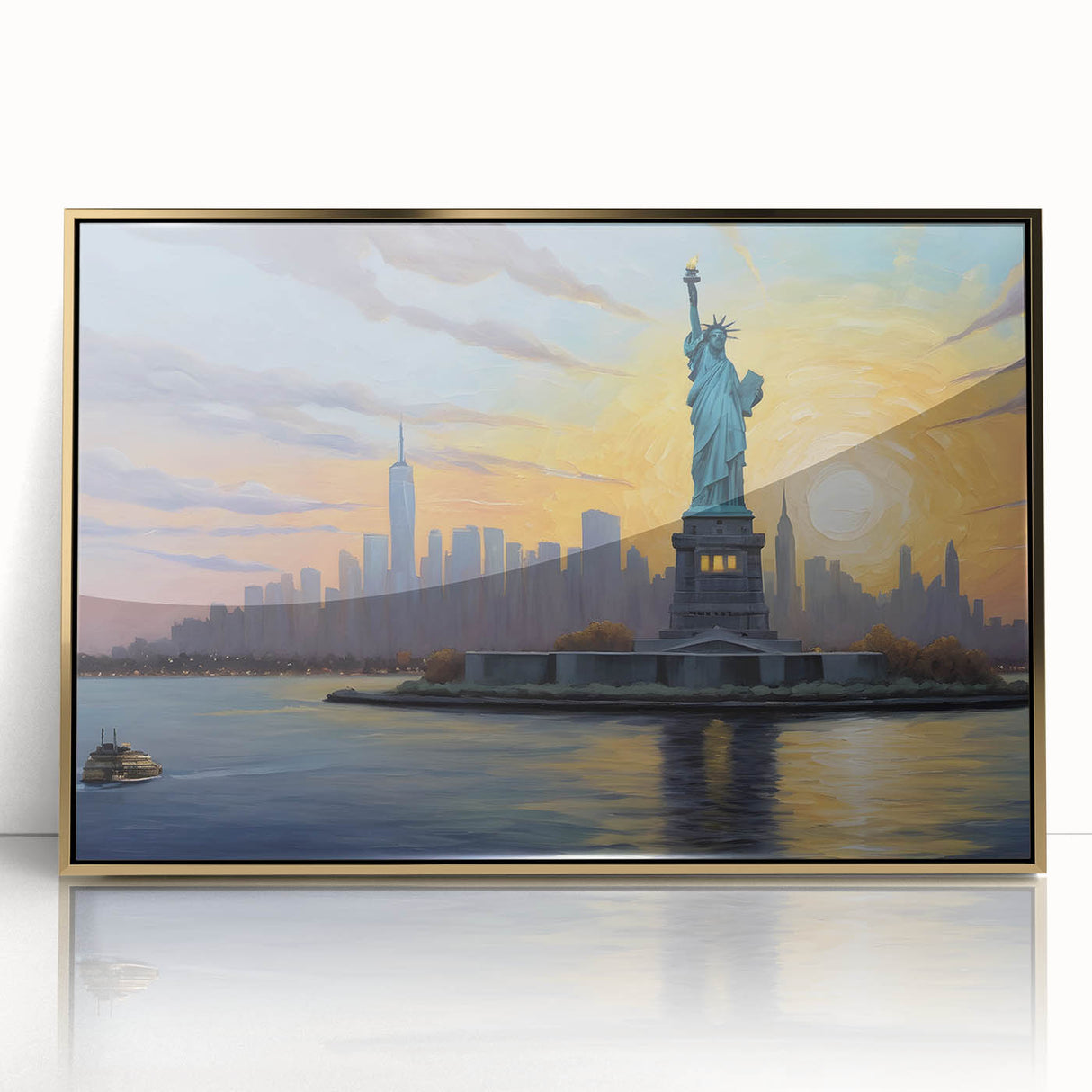Large abstract wall art of Ellis Island in muted gray and gold tones on a framed acrylic, suitable for modern art wall decor.