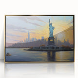 Large abstract wall art of Ellis Island in muted gray and gold tones on a framed acrylic, suitable for modern art wall decor.