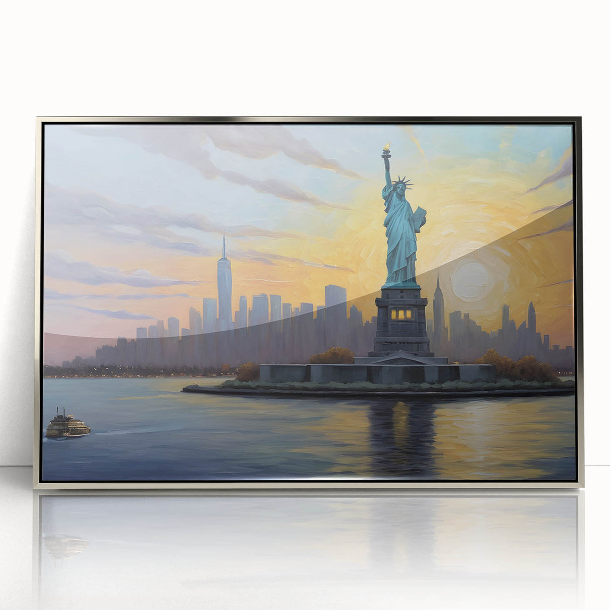 Mid-century modernist style large art print of Ellis Island, featuring muted earth tones, framed in silver acrylic.